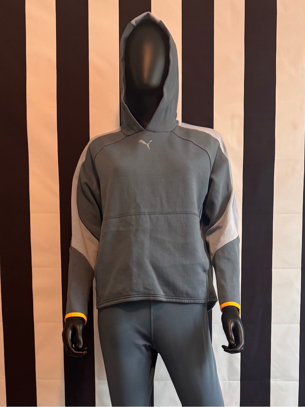 Puma Slate Gray Hooded Sweatshirt with White Panels and Yellow Cuffs